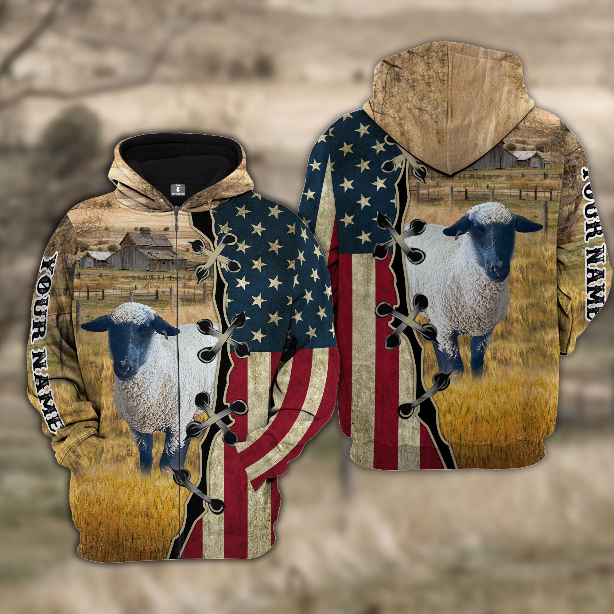 Custom Name Sheep2 American Flag 3D Hoodie