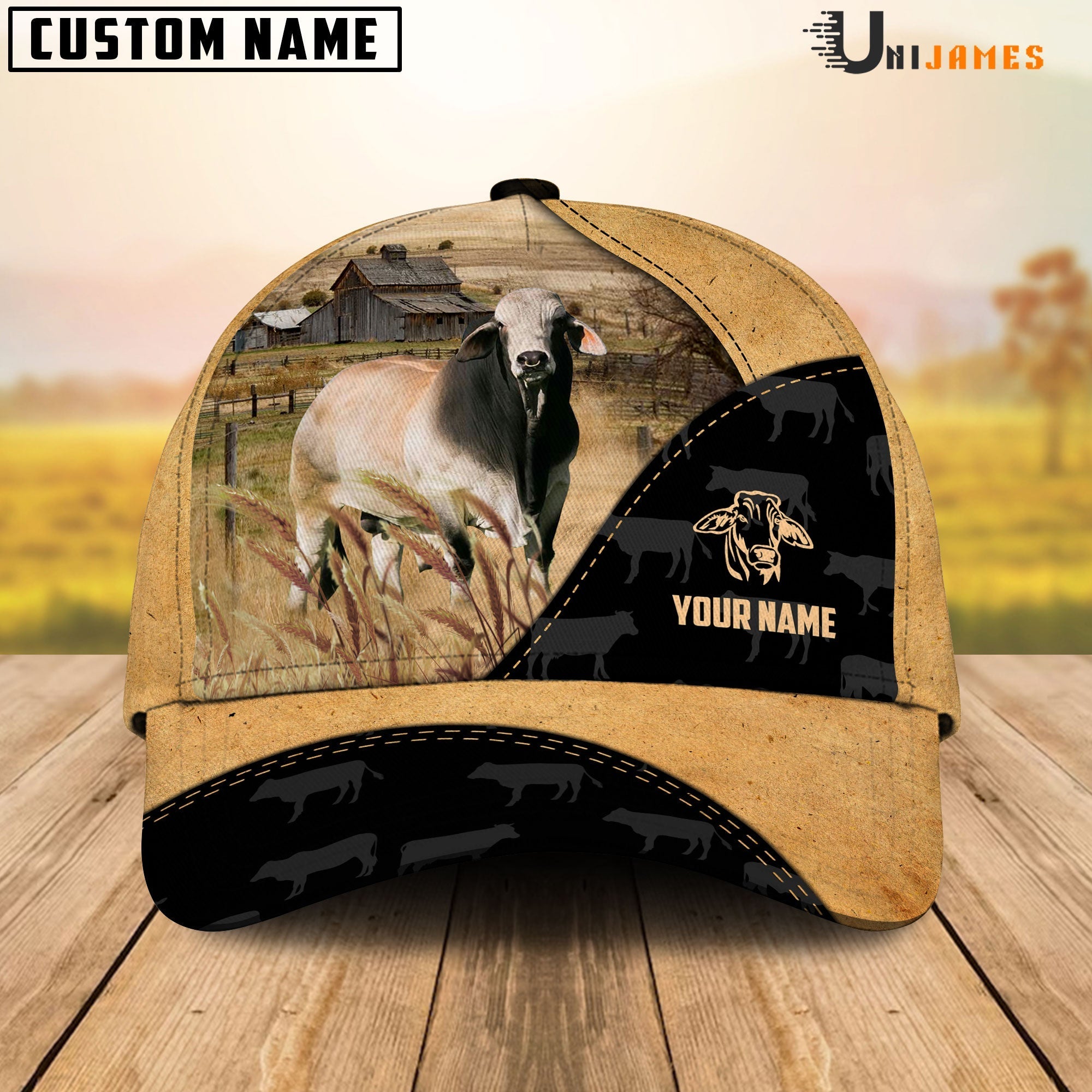 Brahman Cattle Black & Yellow Personalized Name Cap
