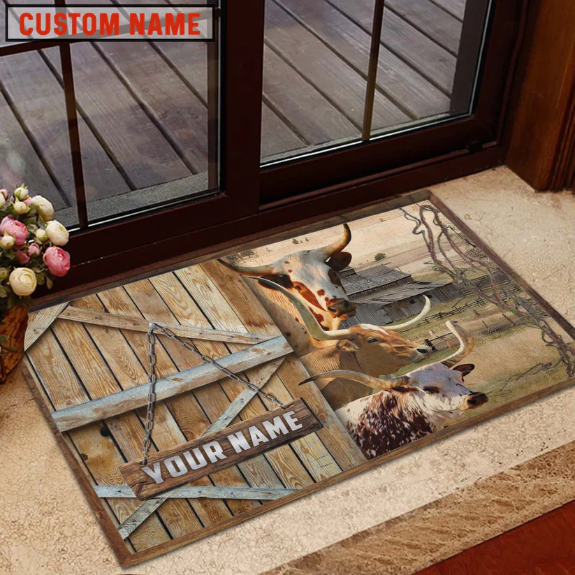 Texas Longhorn Barn Custom Name Doormat