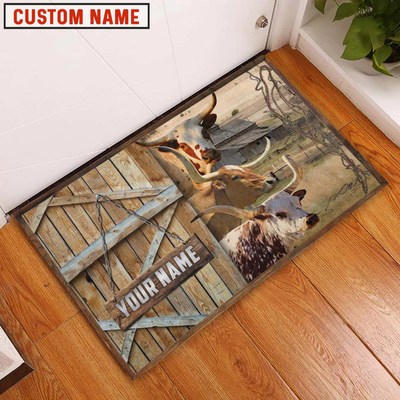 Texas Longhorn Barn Custom Name Doormat