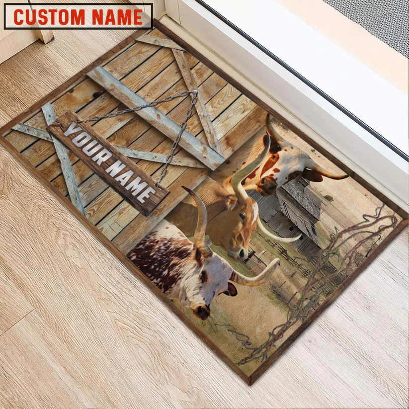 Texas Longhorn Barn Custom Name Doormat