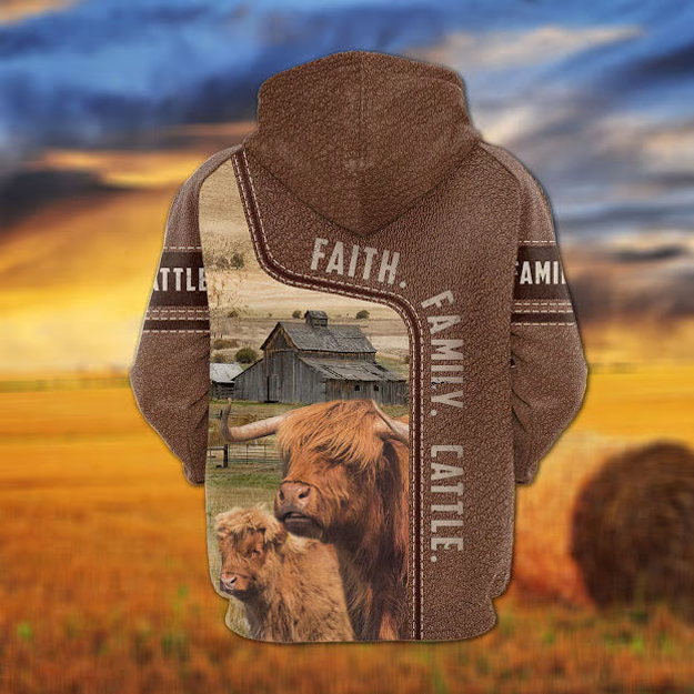 Highland Faith Family Cattle Personalized 3D Hoodie