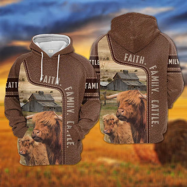 Highland Faith Family Cattle Personalized 3D Hoodie