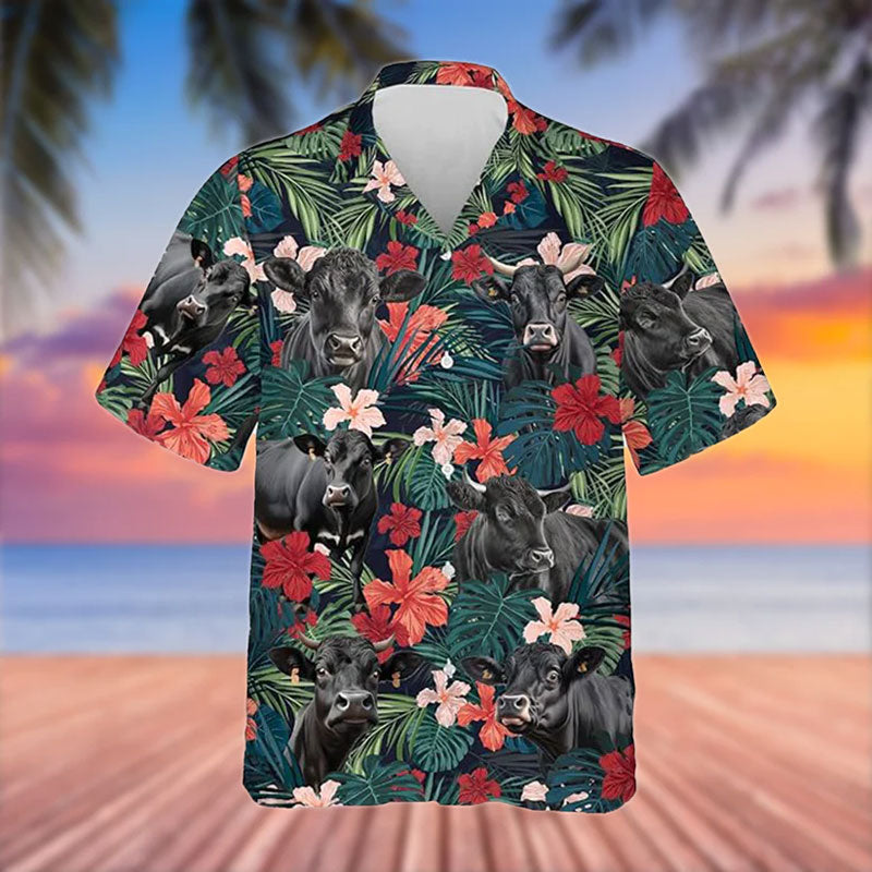 Black Angus Cattle Red Tropical Flowers Hawaiian Shirt