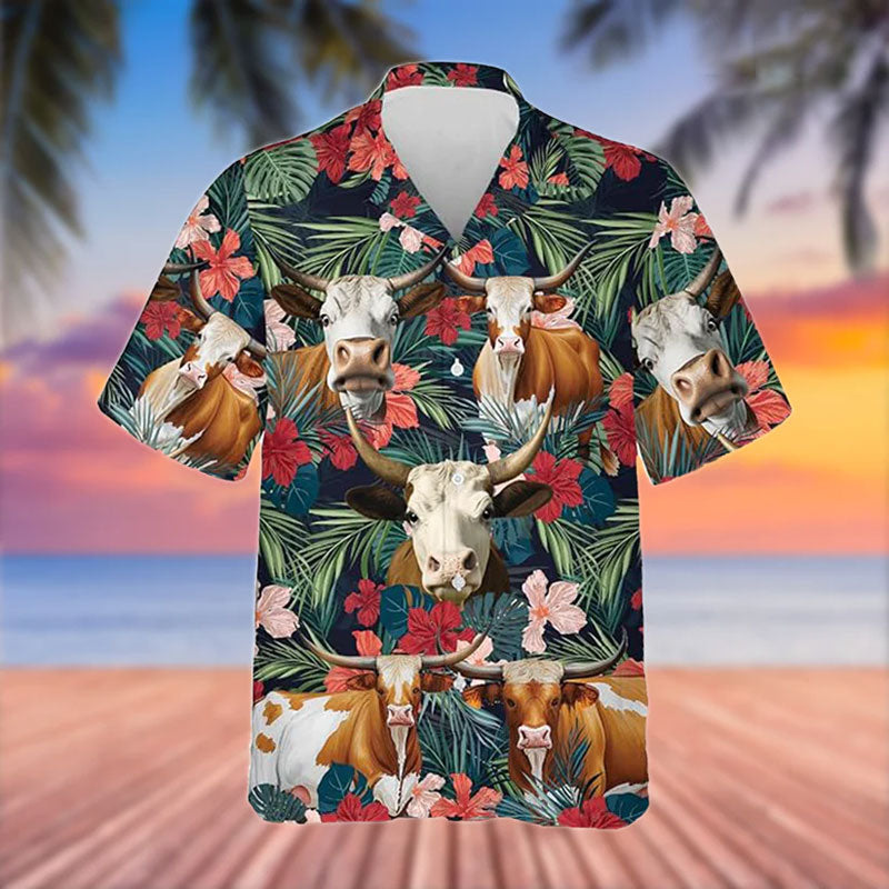 Texas Longhorn Cattle Red Tropical Flowers Hawaiian Shirt