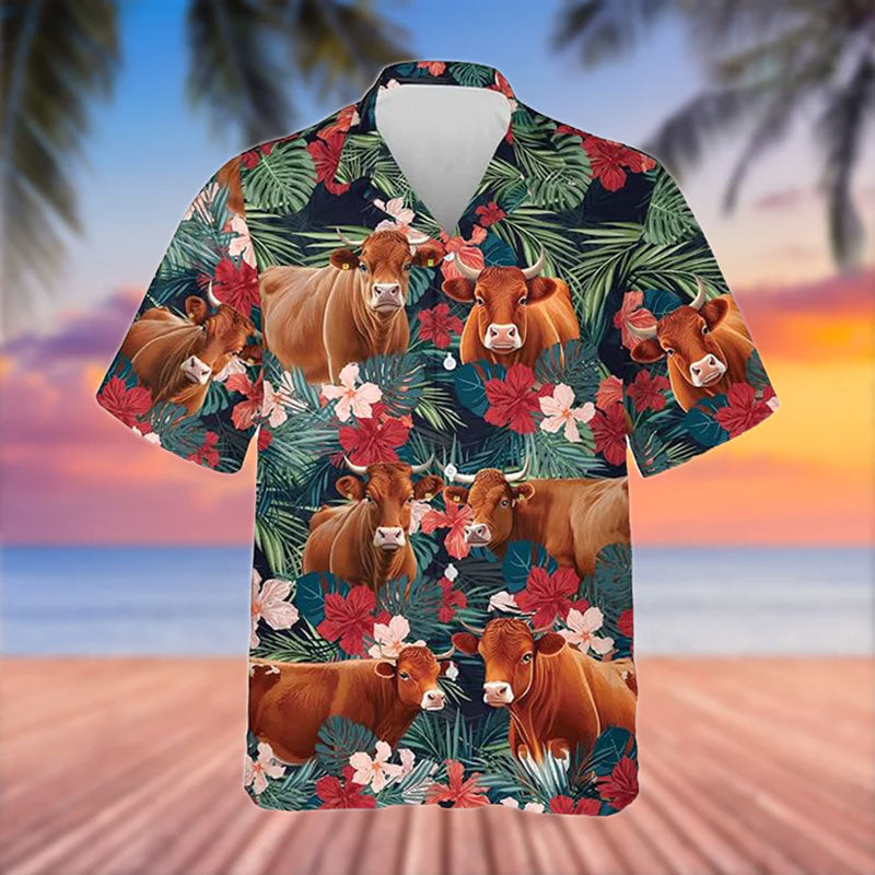 Red Angus Cattle Red Tropical Flowers Hawaiian Shirt