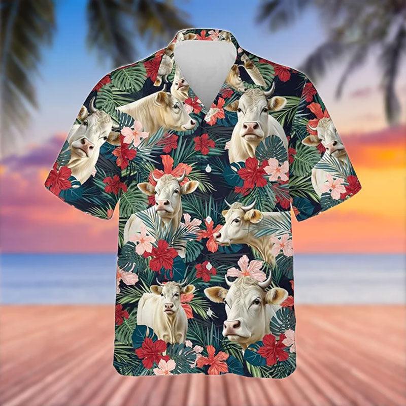 Charolais Cattle Red Tropical Flowers Hawaiian Shirt