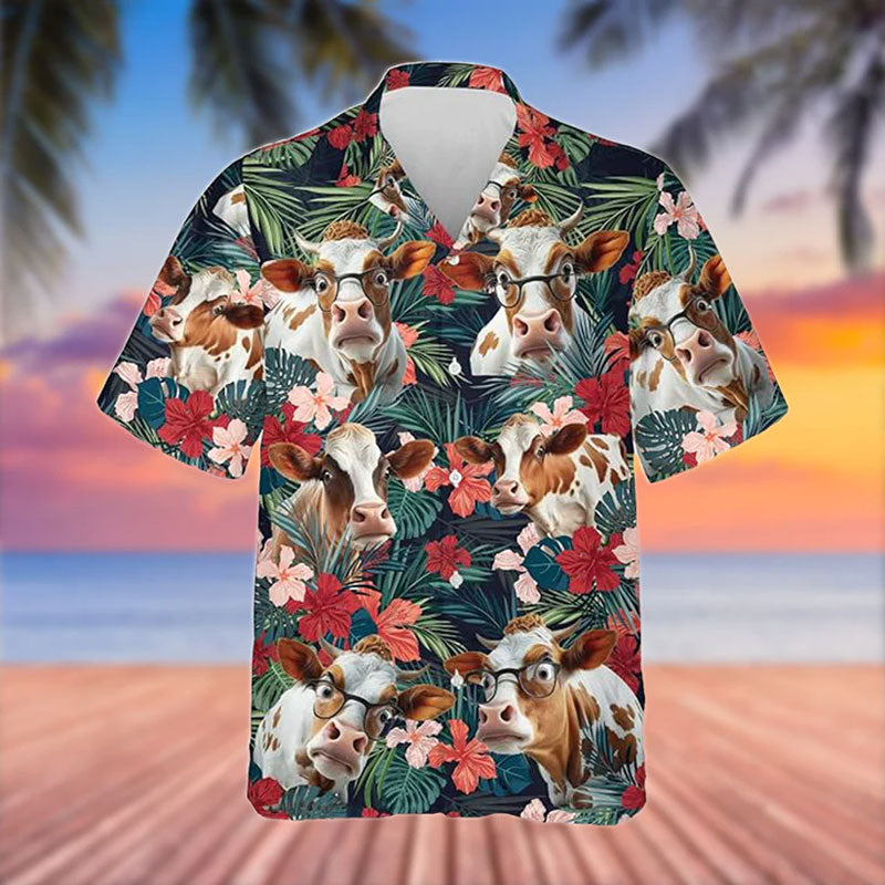 Shorthorn Cattle Red Tropical Flowers Hawaiian Shirt