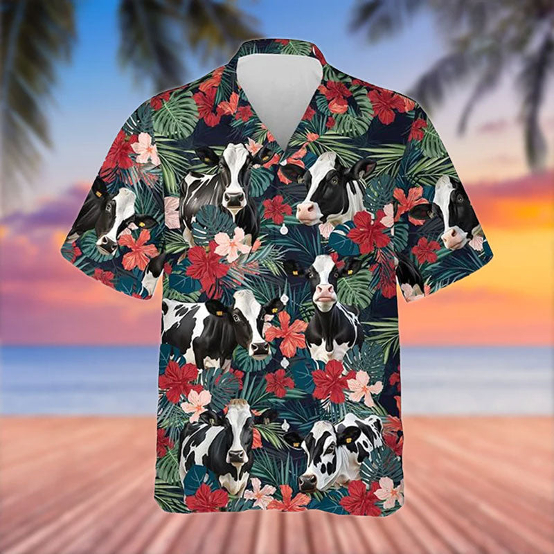 Holstein Cattle Red Tropical Flowers Hawaiian Shirt