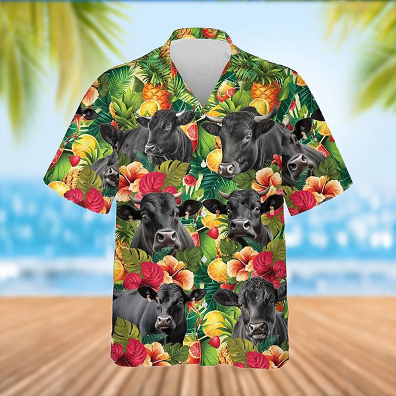 Black Angus Cattle Tropical Fruits Pattern Hawaiian Shirt