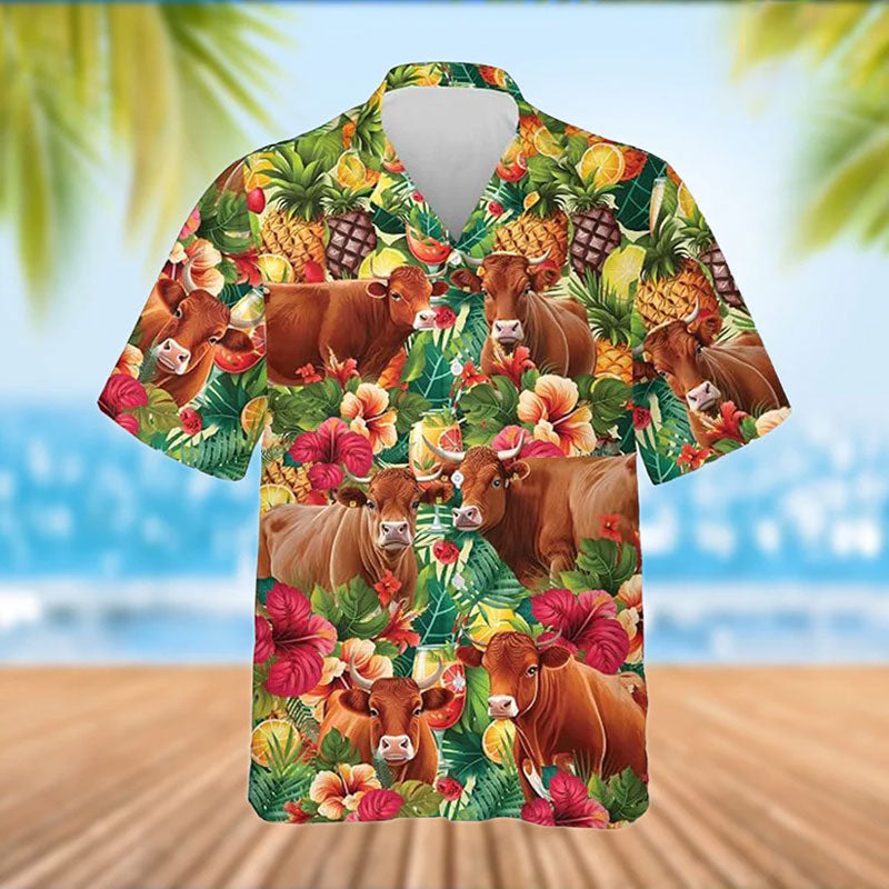 Red Angus Cattle Tropical Fruits Pattern Hawaiian Shirt