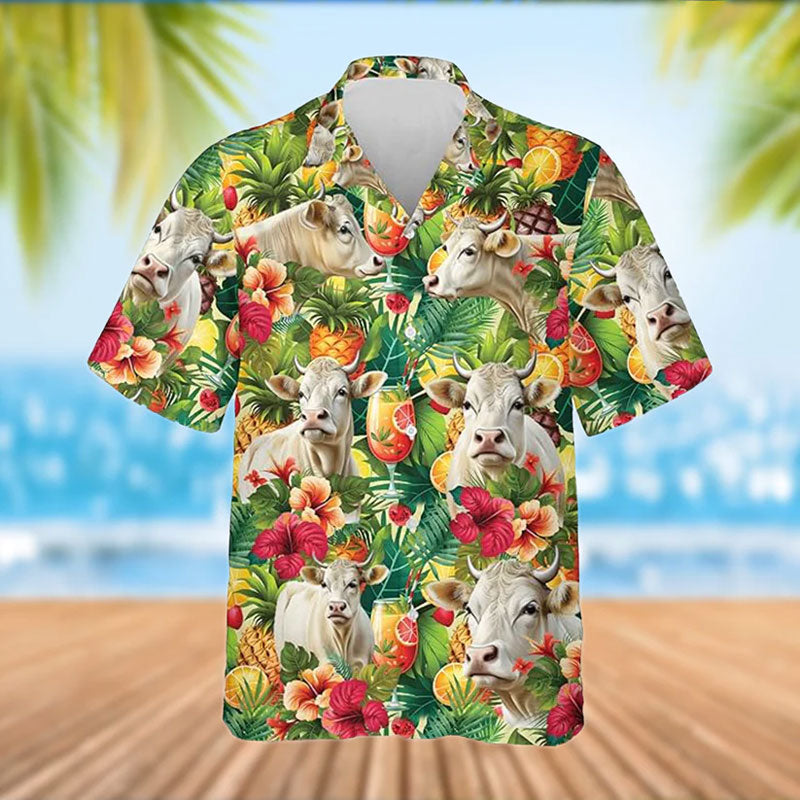 Charolais Cattle Tropical Fruits Pattern Hawaiian Shirt