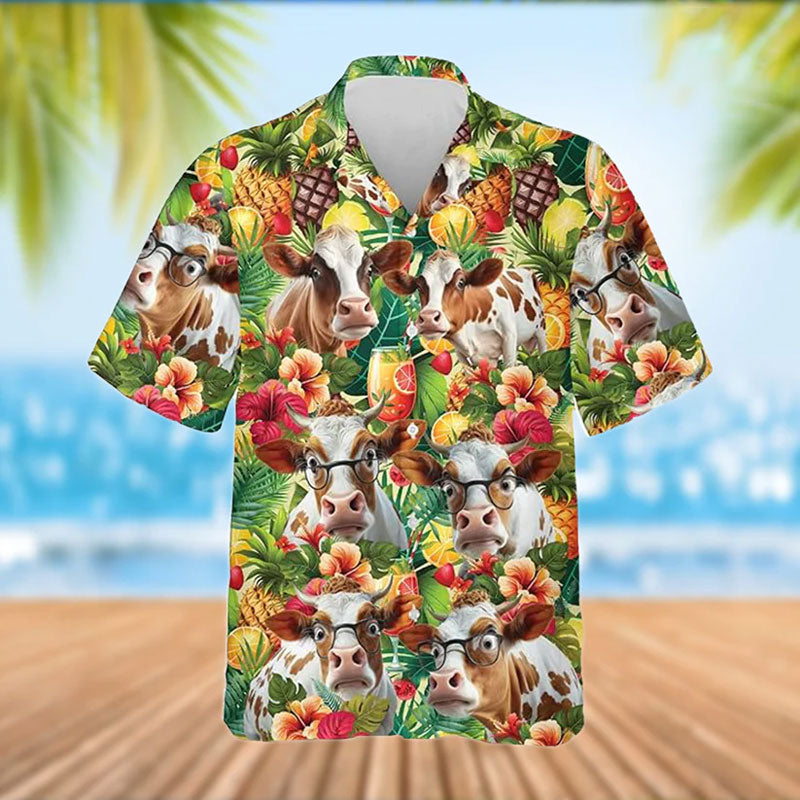 Shorthorn Cattle Tropical Fruits Pattern Hawaiian Shirt