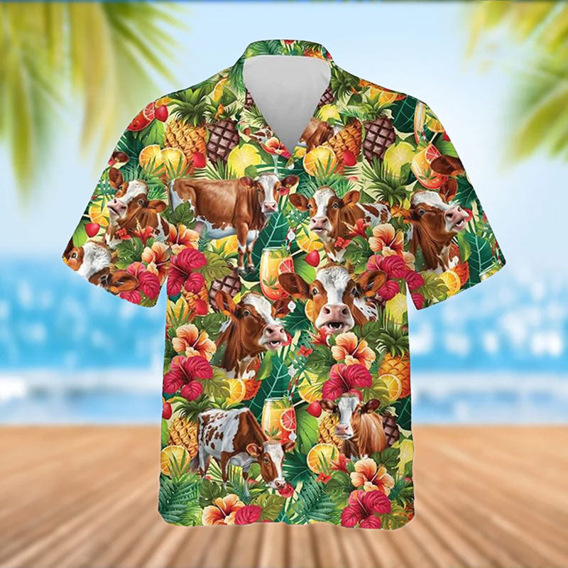 Simmental Cattle Tropical Fruits Pattern Hawaiian Shirt