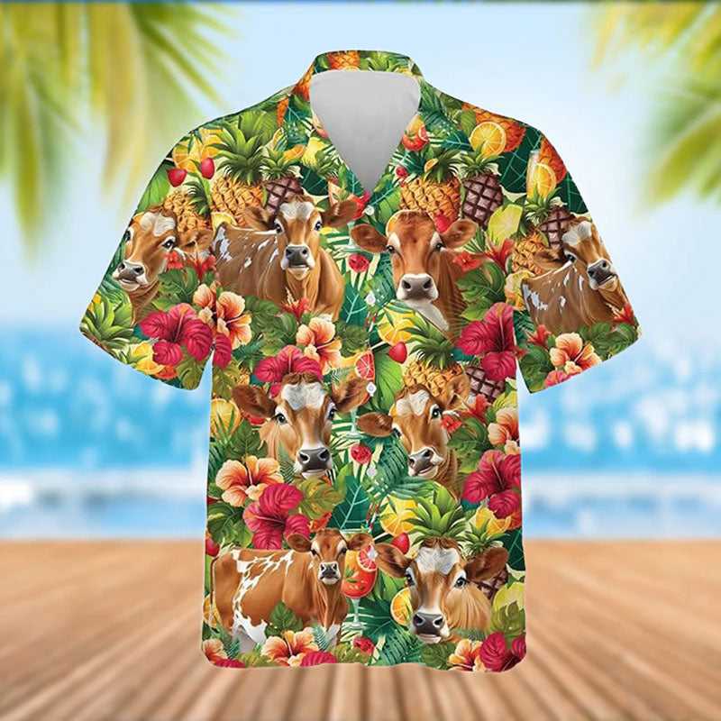 Jersey Cattle Tropical Fruits Pattern Hawaiian Shirt