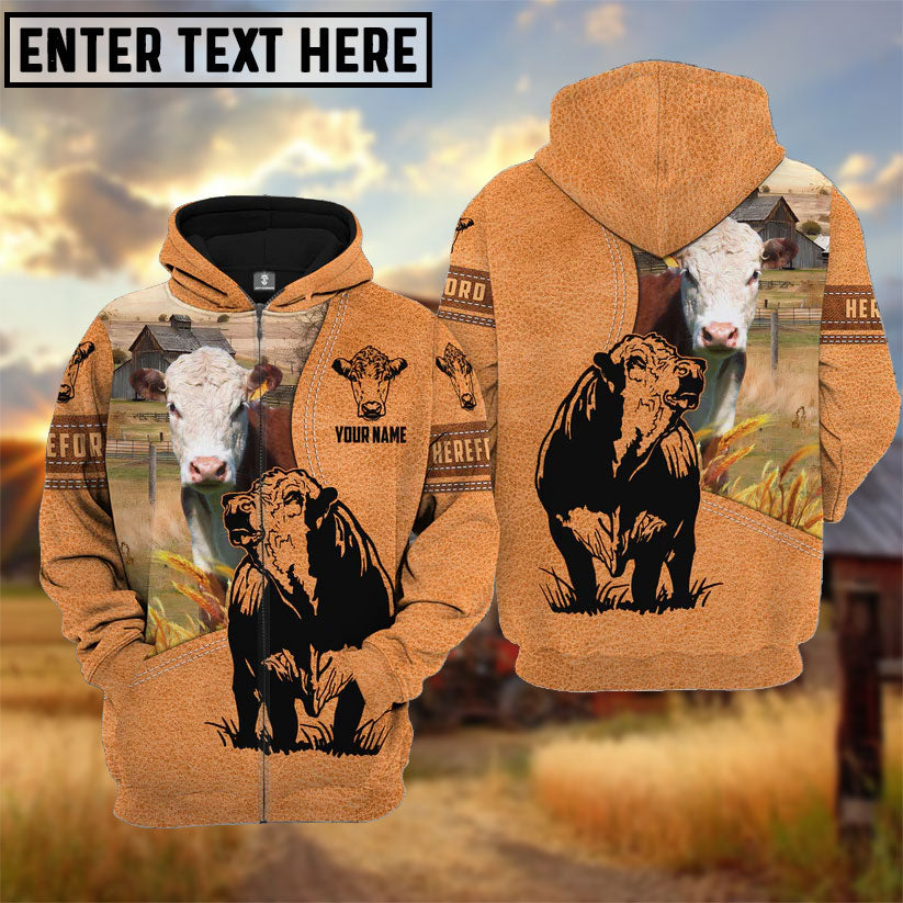 Farm Personalized Name Hereford Light Brown Pattern 3D Hoodie
