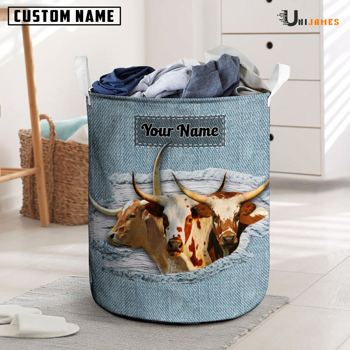 Texas Longhorn Custom Name Jeans Laundry Basket