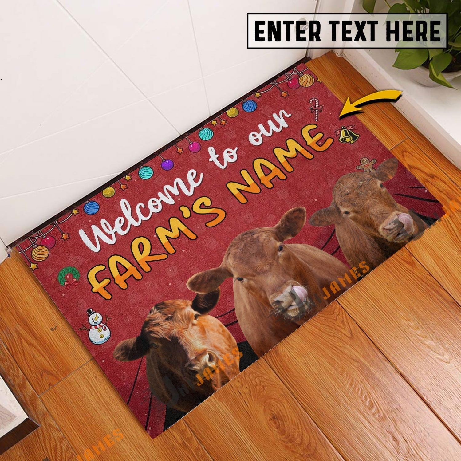 Red Angus Christmas Custom Name Doormat