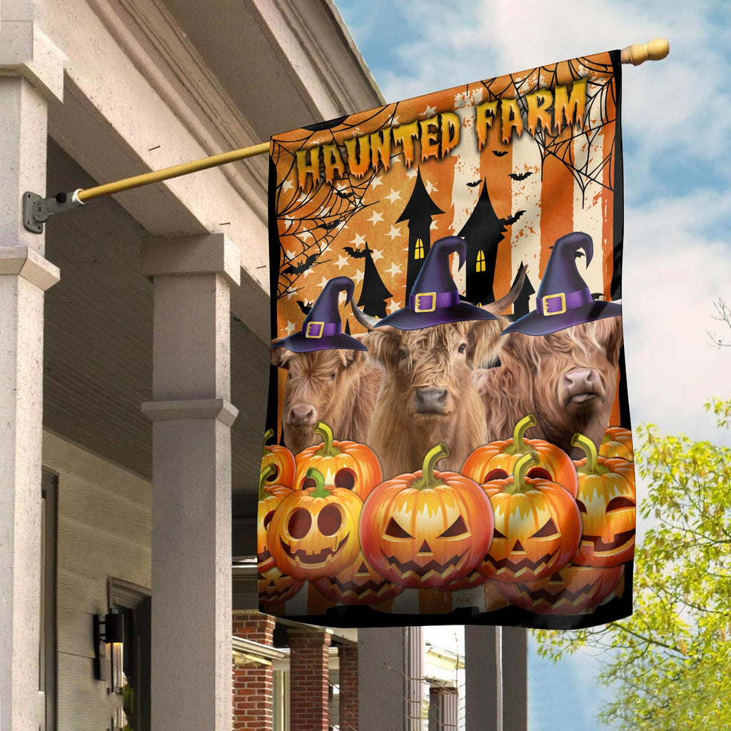 Highland Cattle Haunted Farm Halloween Flag