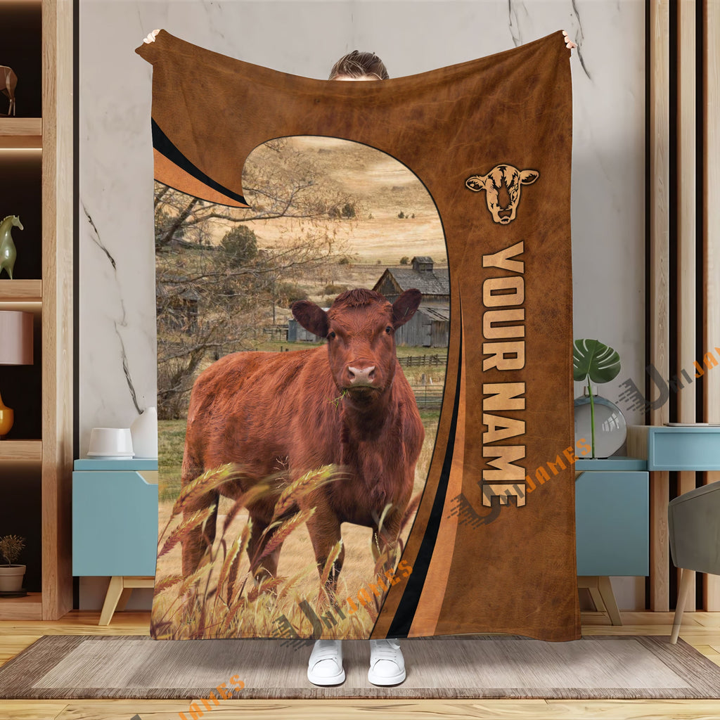 Personalized Name Red Angus Premium Brown Pattern 3D Blanket