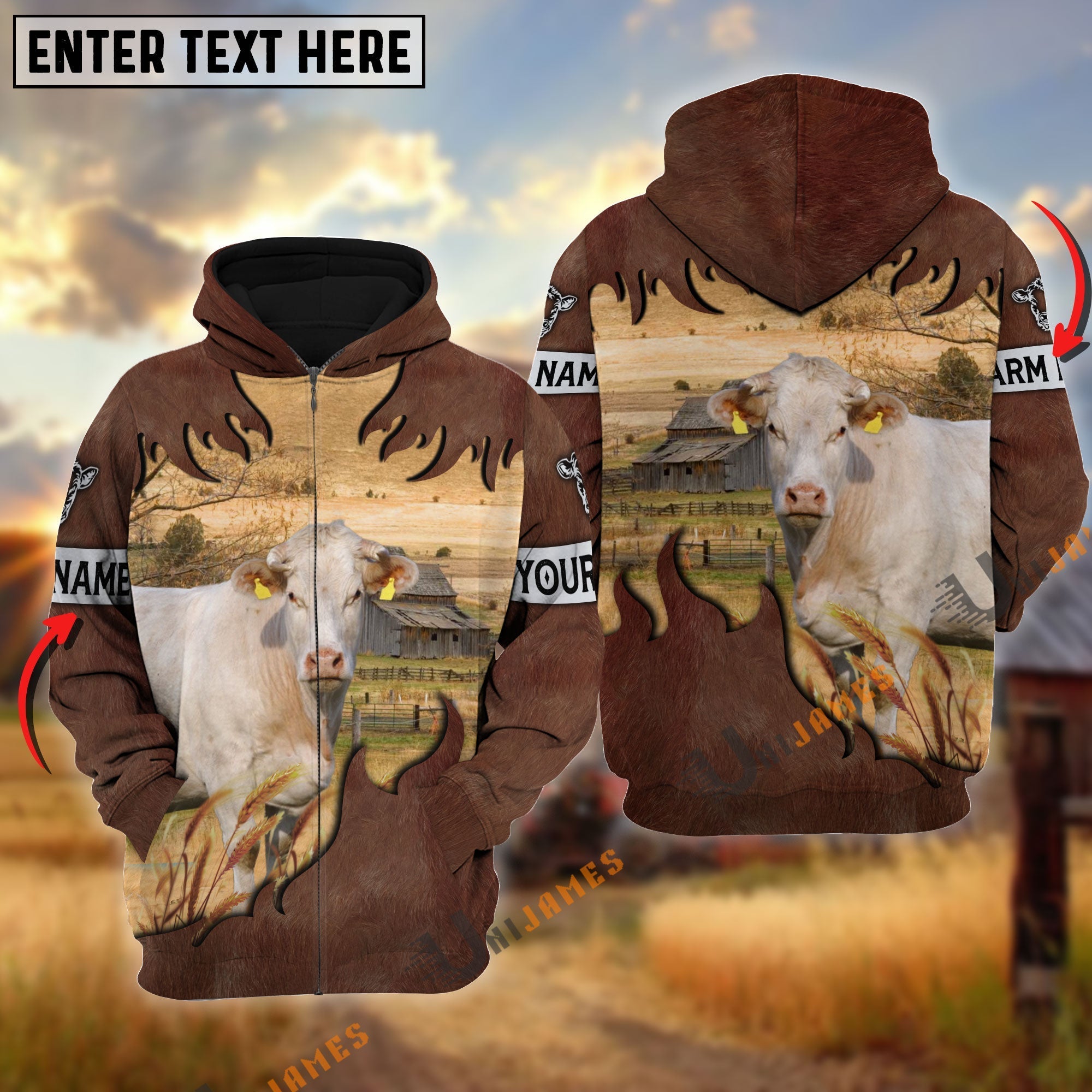 Charolais Brown Hair Pattern Personalized Name 3D Hoodie