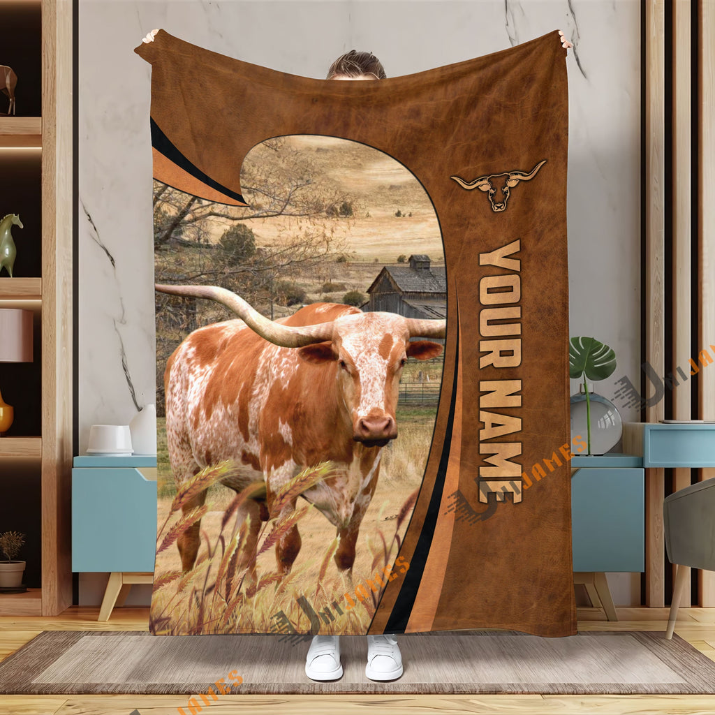 Personalized Name Texas Longhorn Premium Brown Pattern 3D Blanket