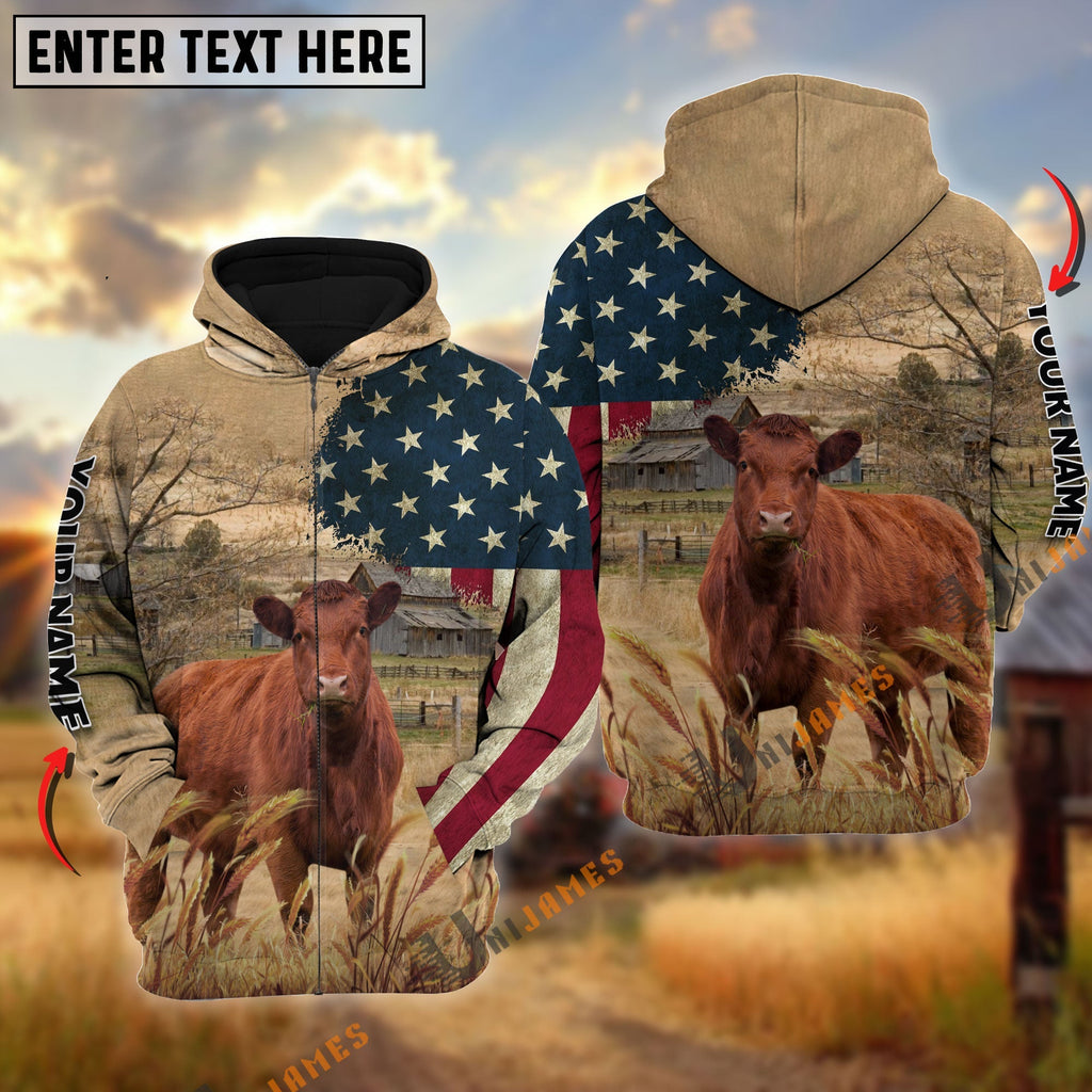 Red Angus US Flag Customized Name 3D Hoodie