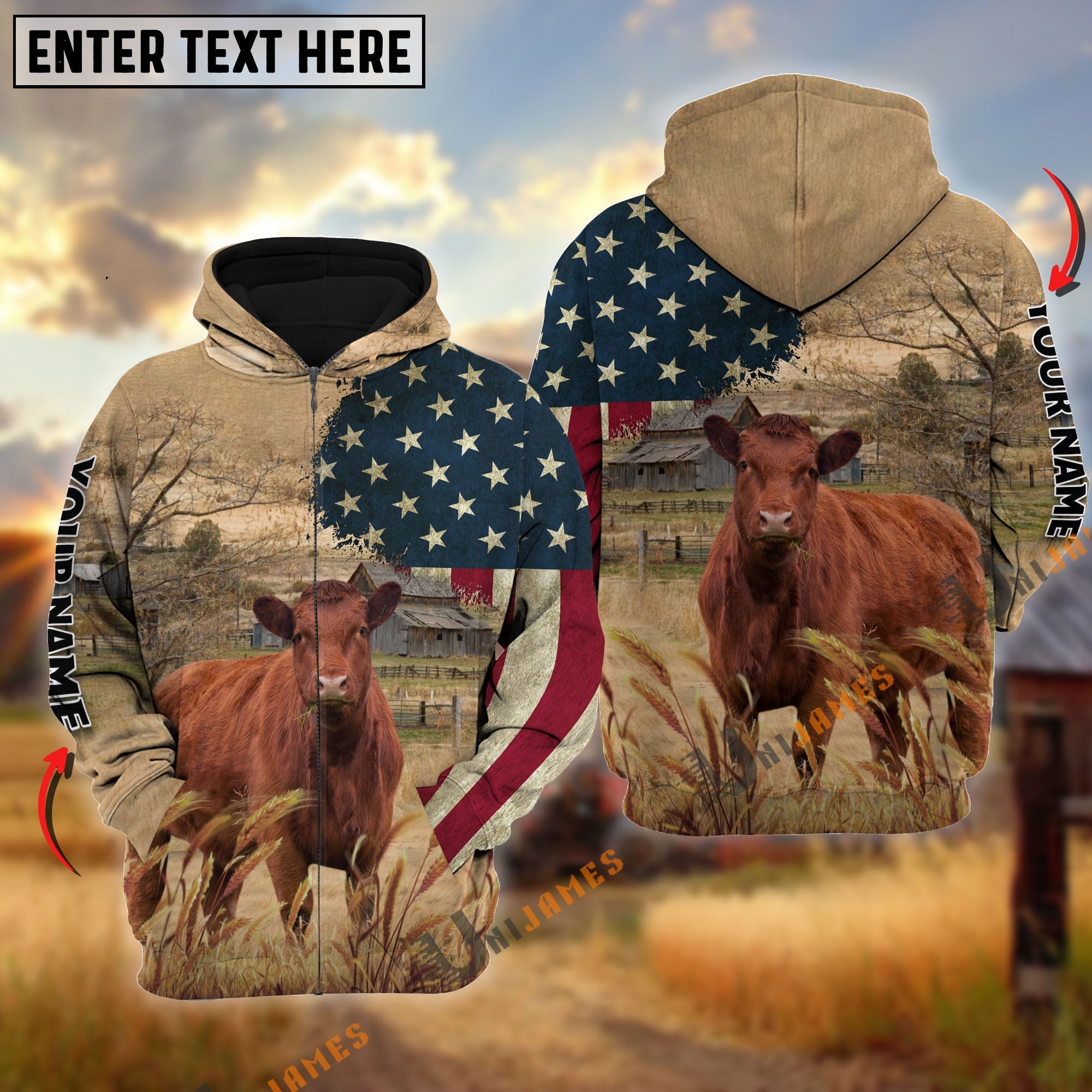 Red Angus US Flag Customized Name 3D Hoodie