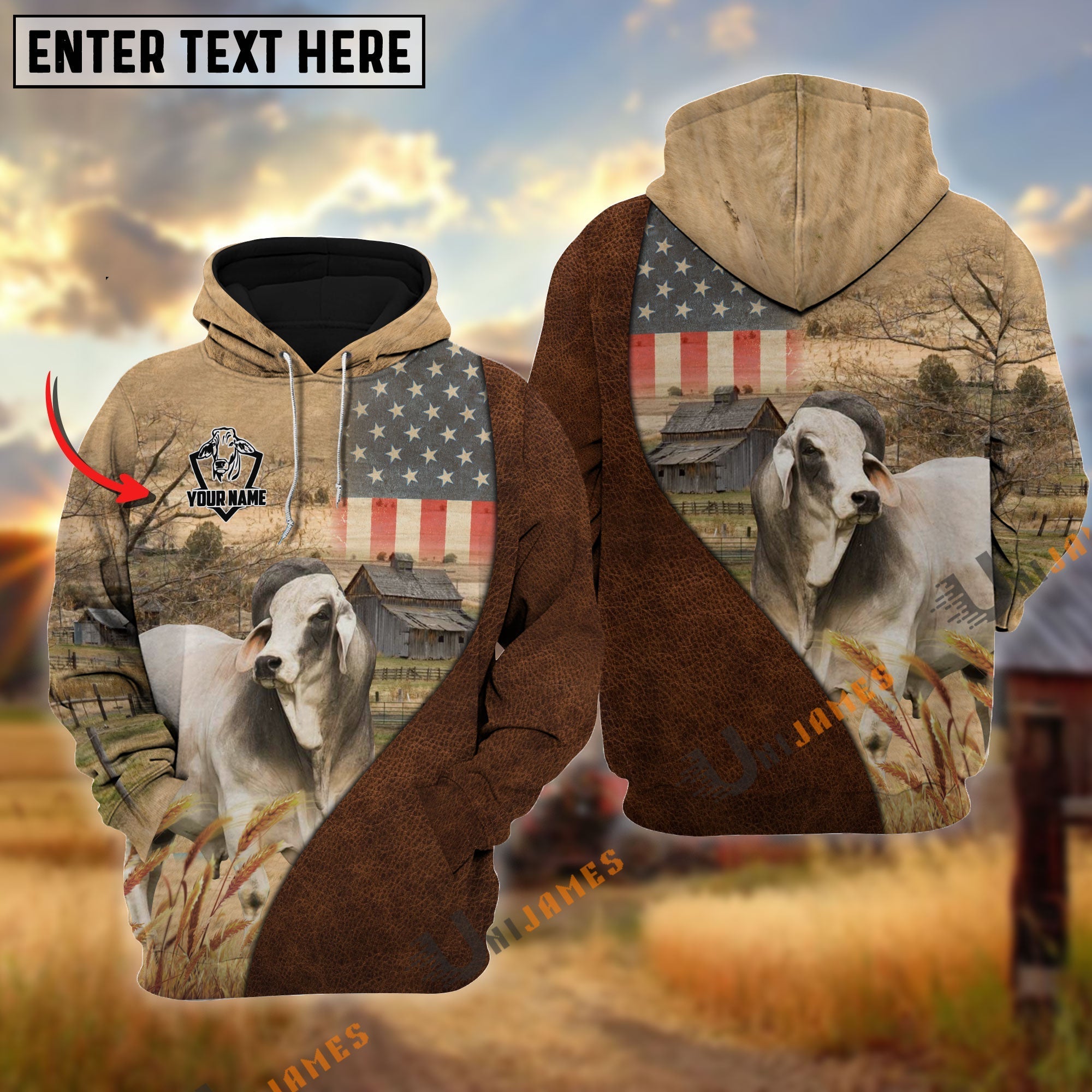 Personalized Name Brahman Cattle USA Flag Hoodie