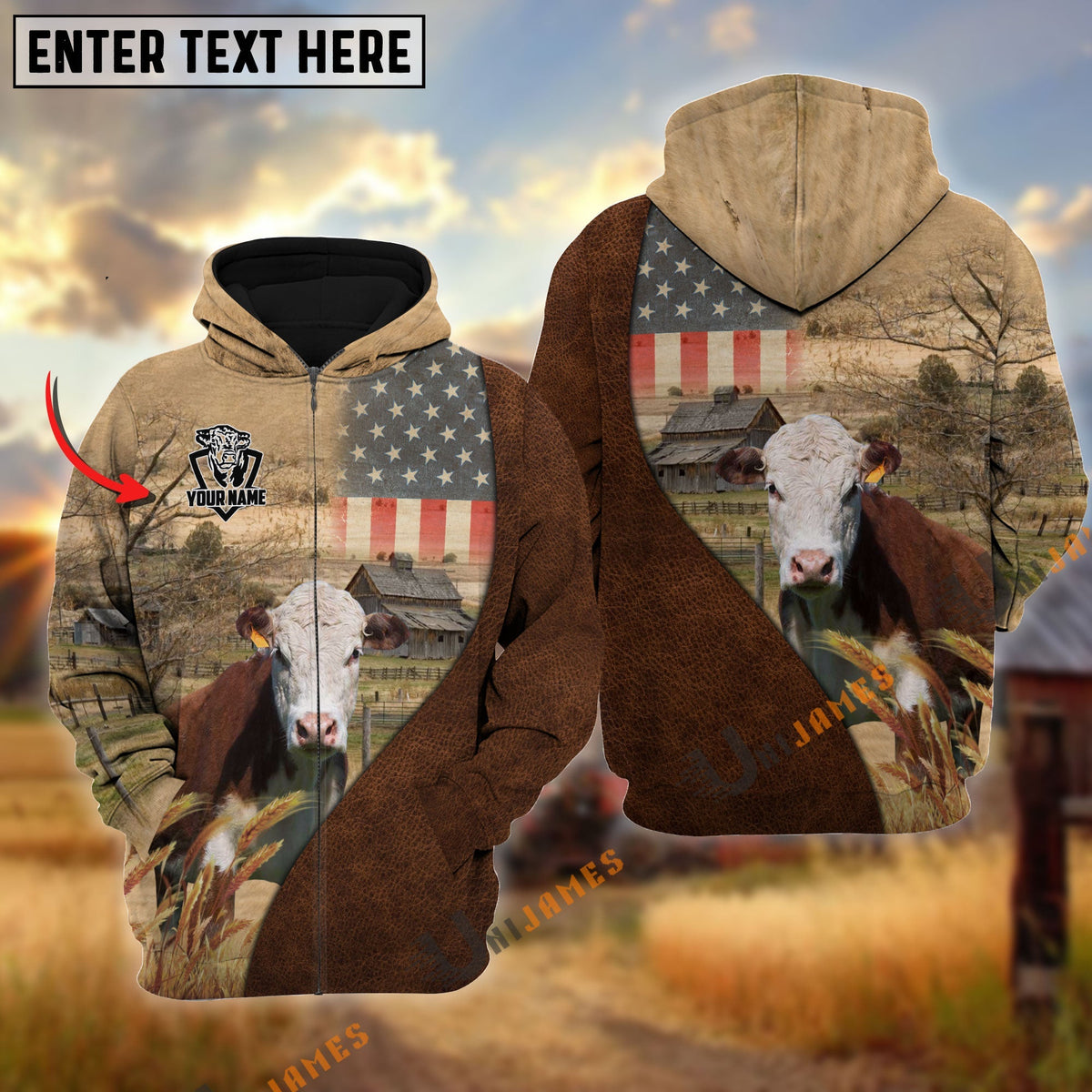 Personalized Name Hereford Cattle USA Flag Hoodie