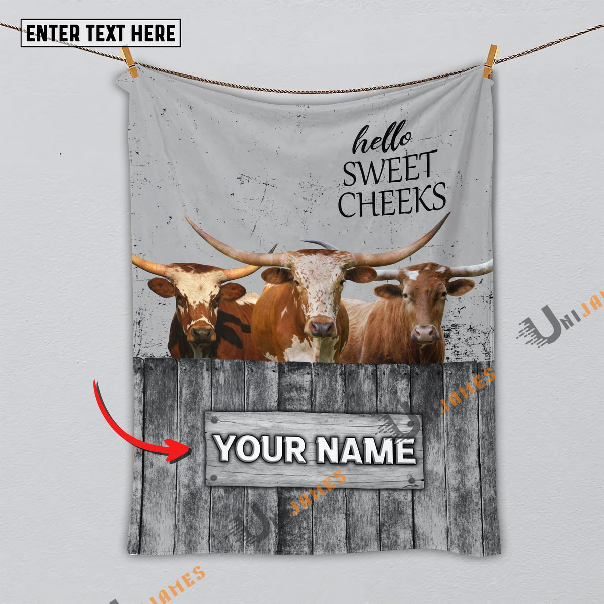 Personalized Name Texas Longhorn Hello Sweet Cheeks Pattern Blanket