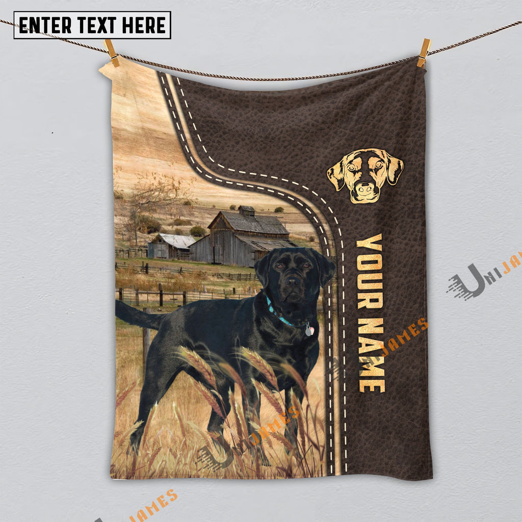 Personalized Name Black Labrador Leather Pattern Blanket