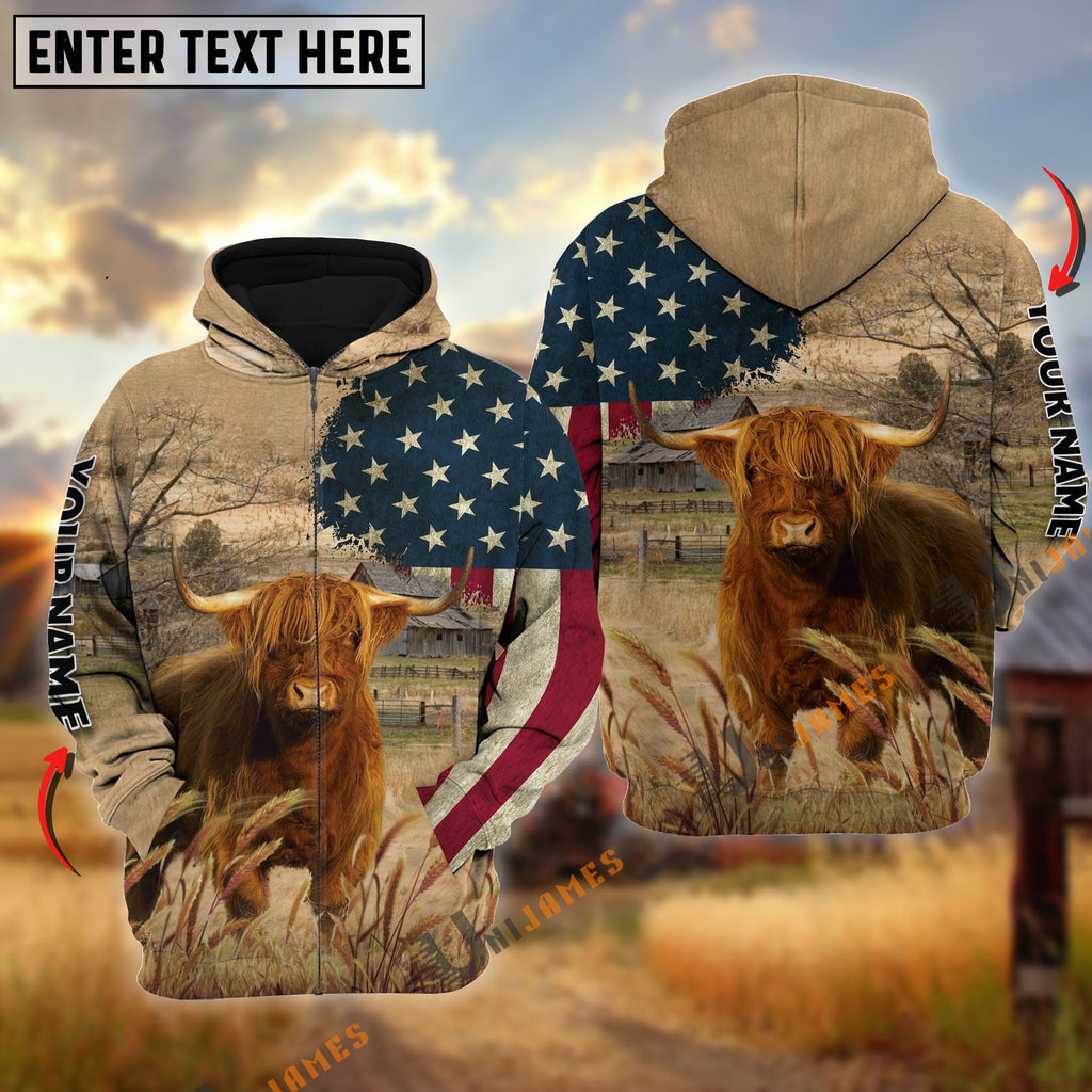 Highland US Flag Customized Name 3D Hoodie