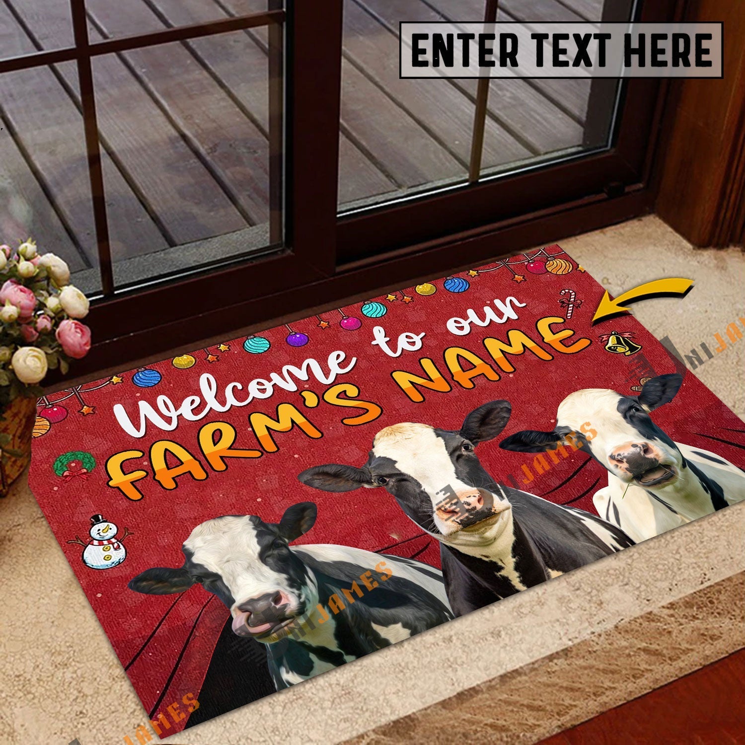 Holstein Christmas Custom Name Doormat