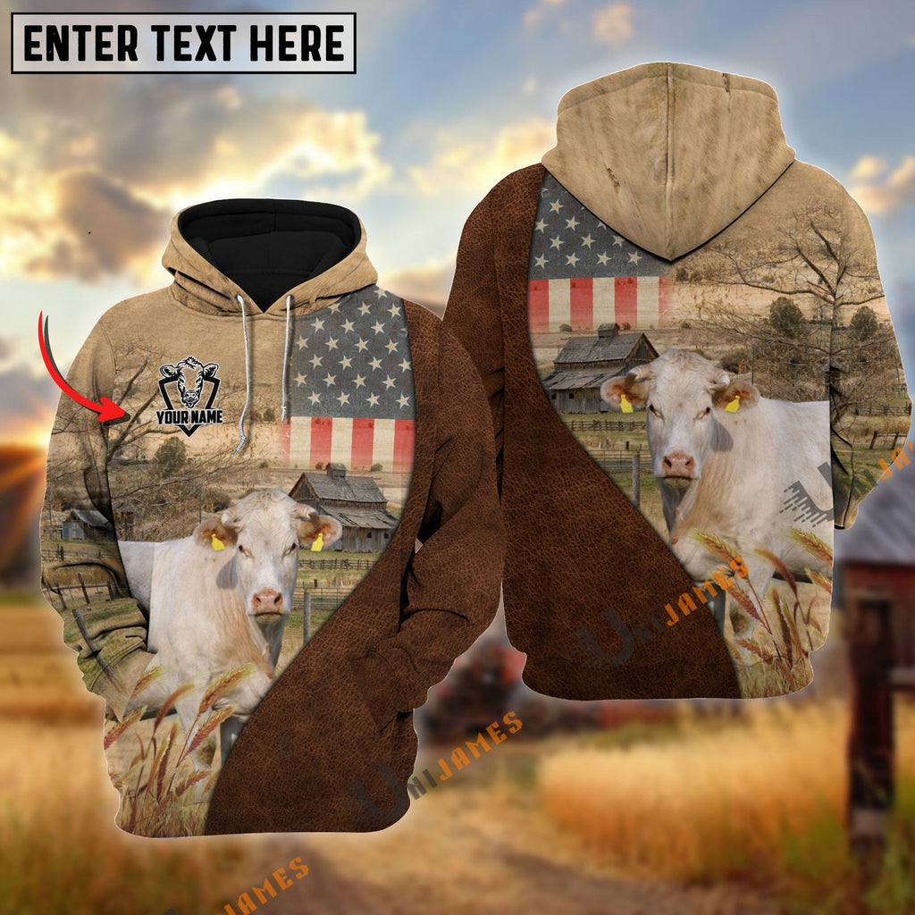 Personalized Name Charolais Cattle USA Flag Hoodie
