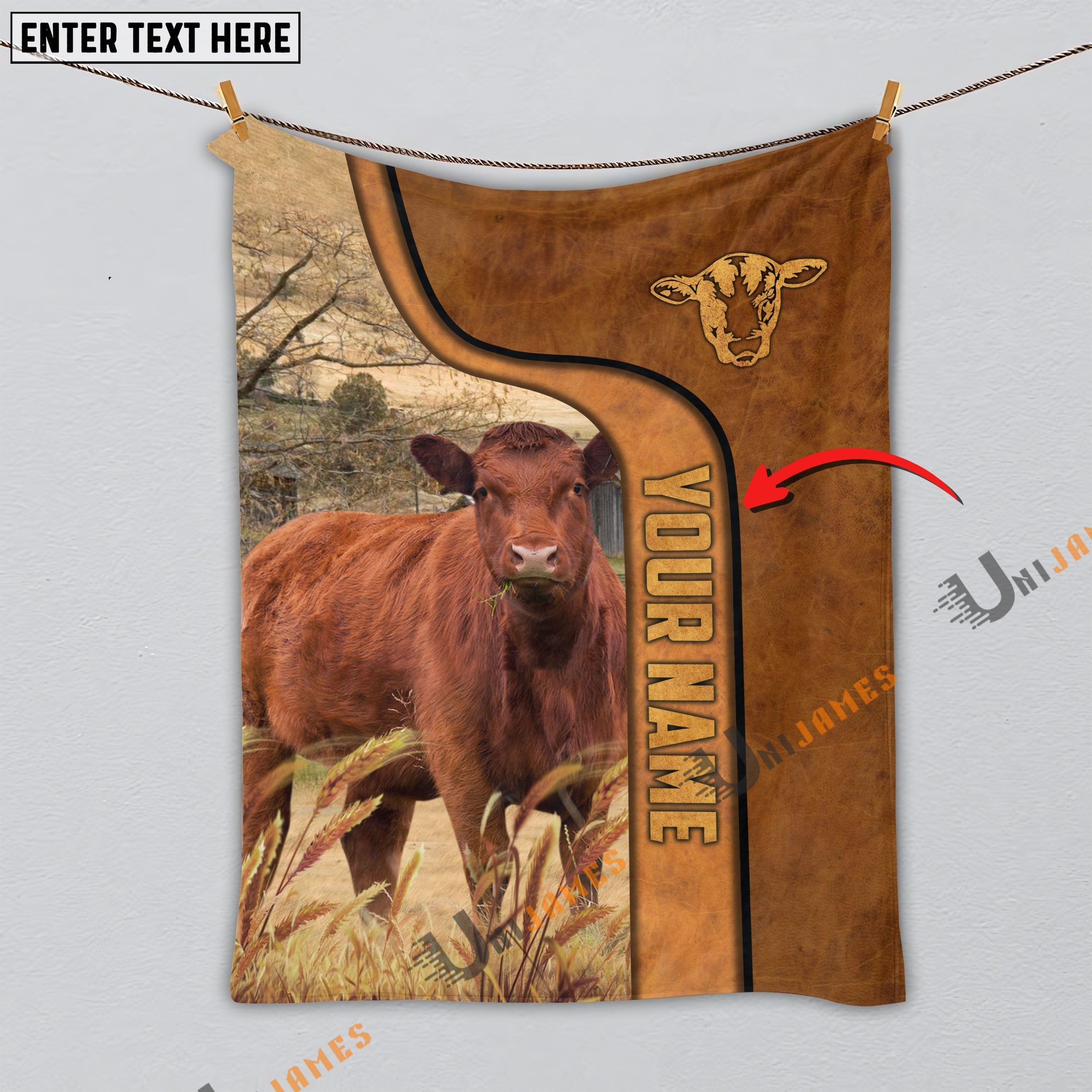 Personalized Name Red Angus Premium Brown Pattern Blanket
