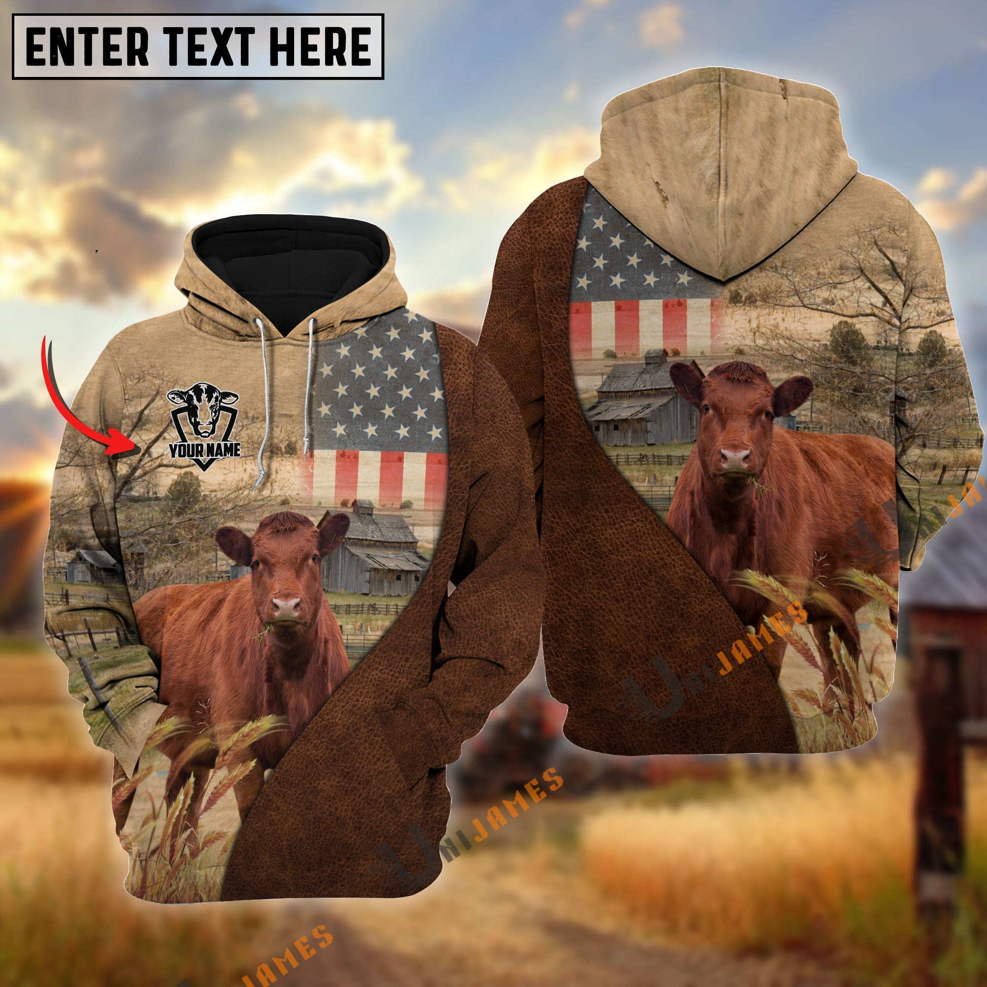 Personalized Name Red Angus Cattle USA Flag Hoodie
