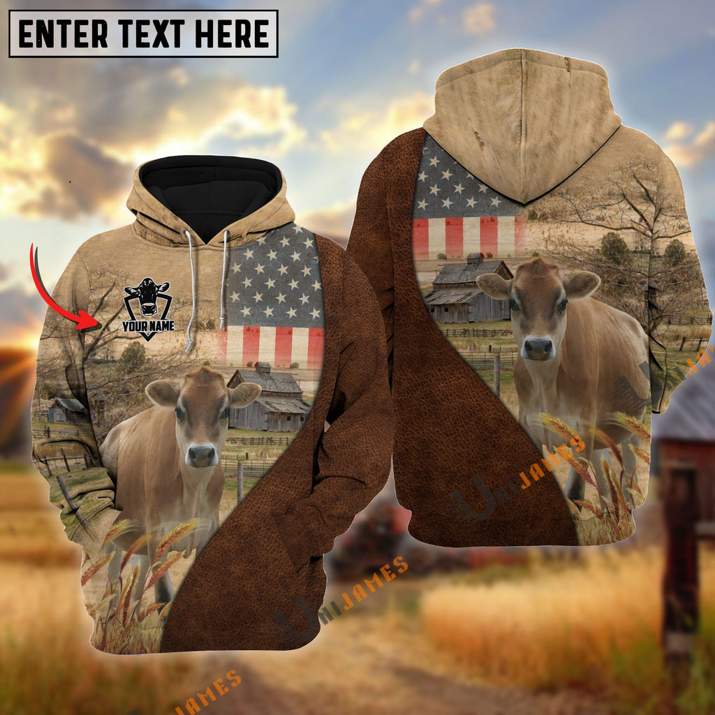 Personalized Name Jersey Cattle USA Flag Hoodie