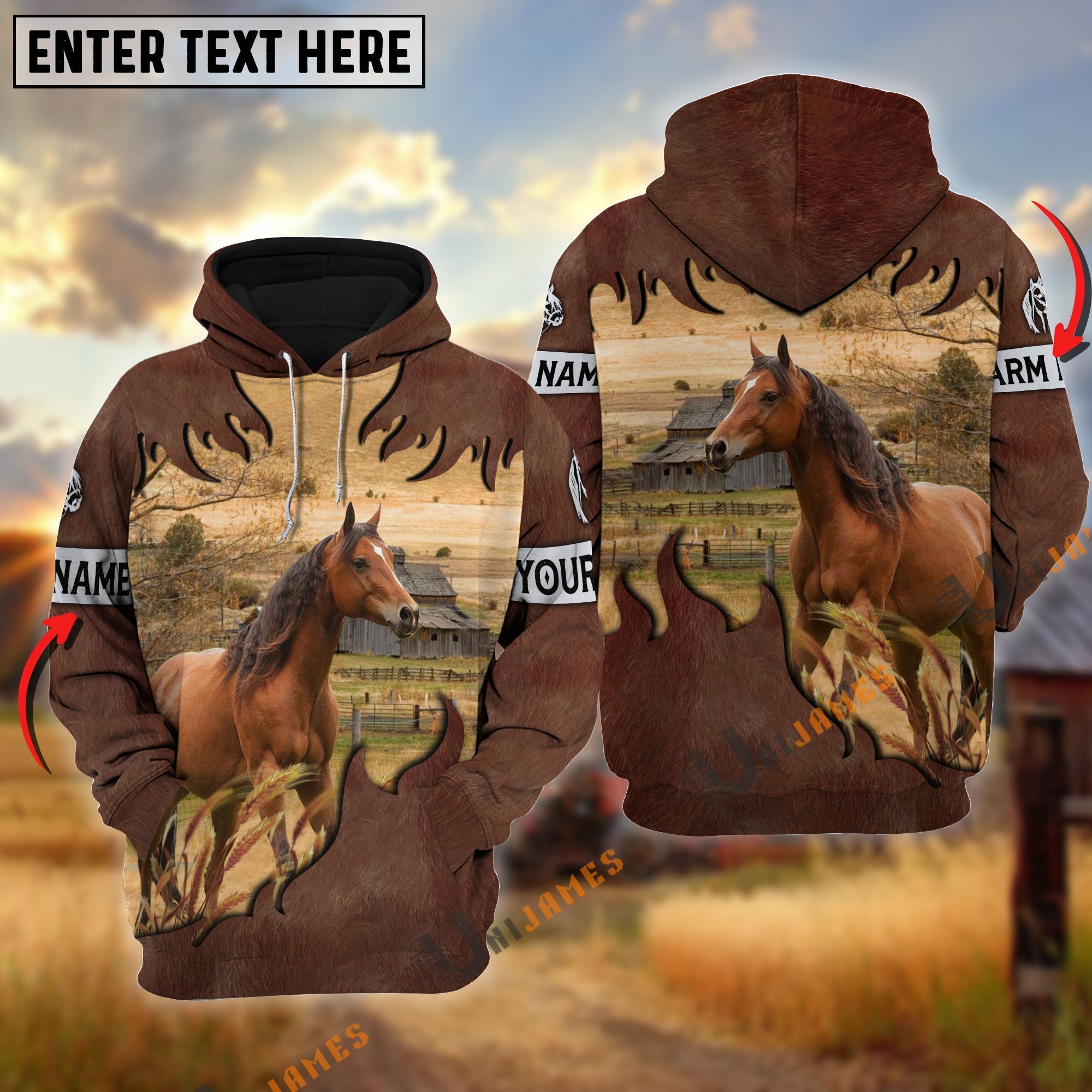 Horse Brown Hair Pattern Personalized Name 3D Hoodie