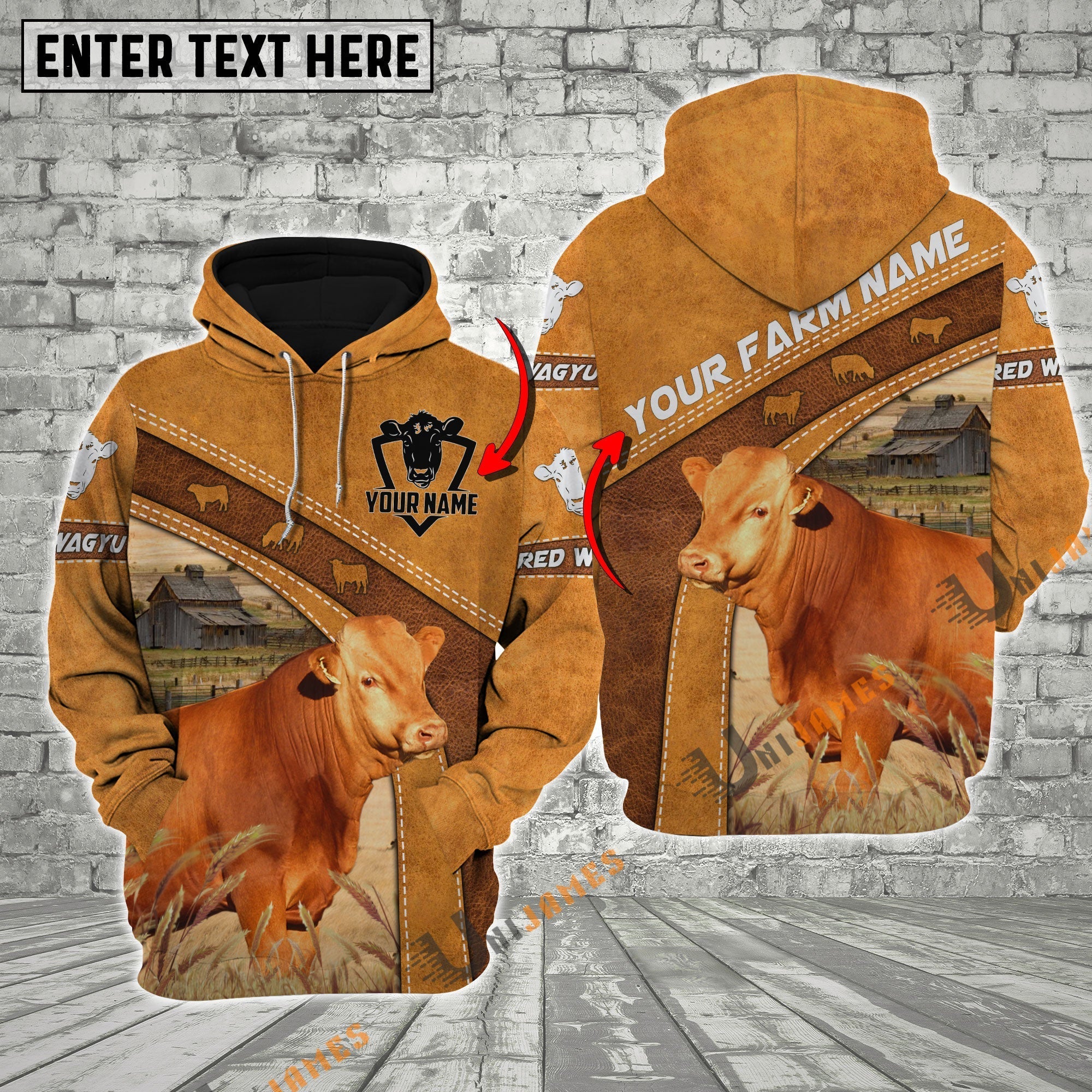 Personalized Name Farm Red Wagyu Cattle Hoodie