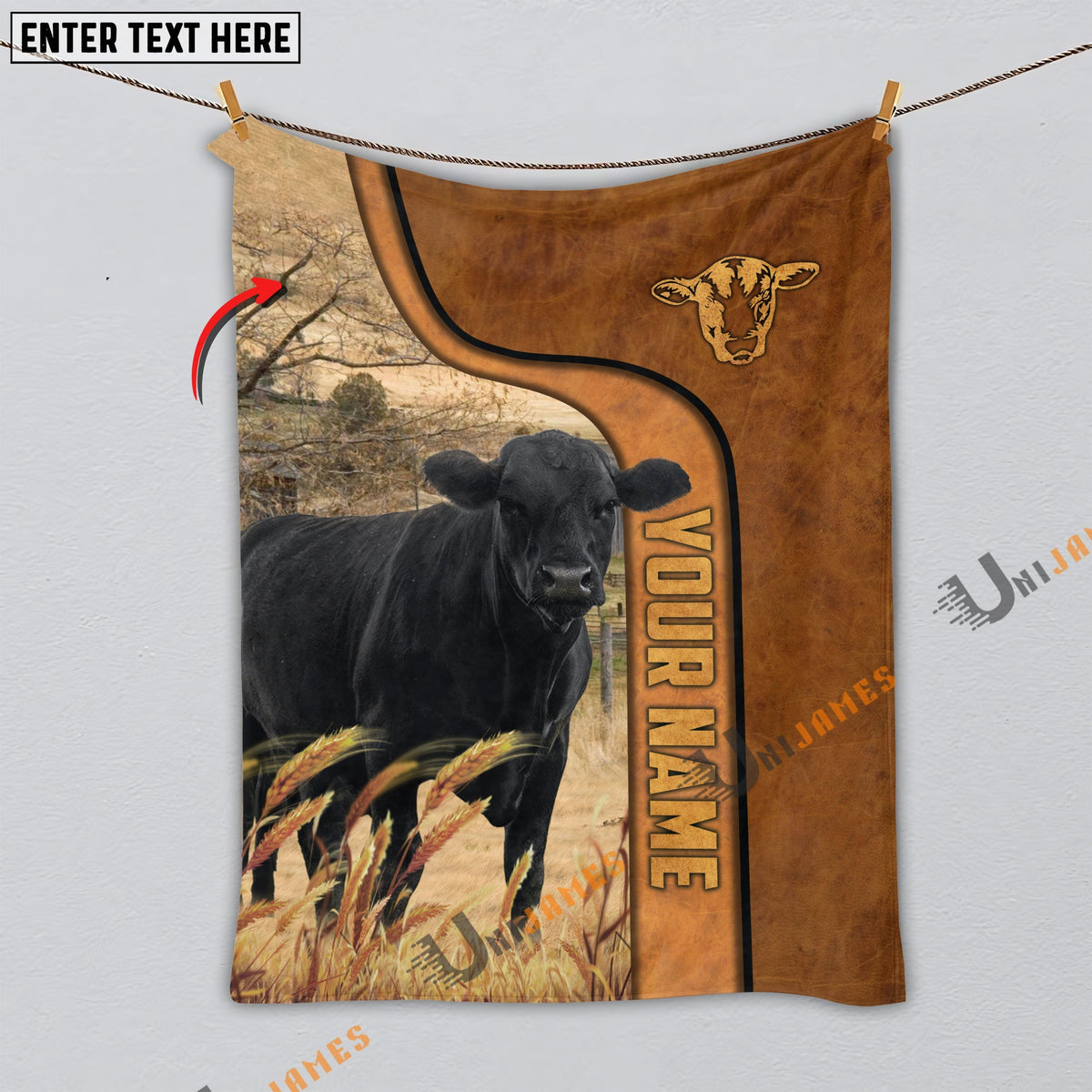 Personalized Name Black Angus Premium Brown Pattern Blanket