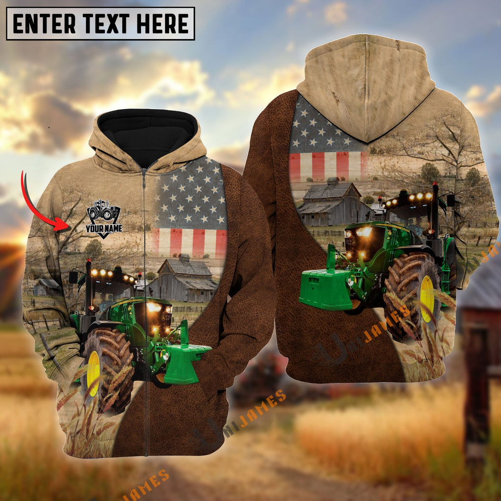 Personalized Name Tractor Cattle USA Flag Hoodie