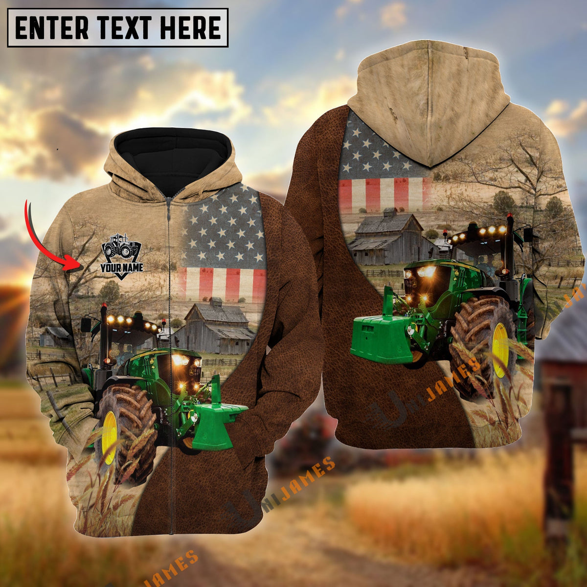 Personalized Name Tractor Cattle USA Flag Hoodie