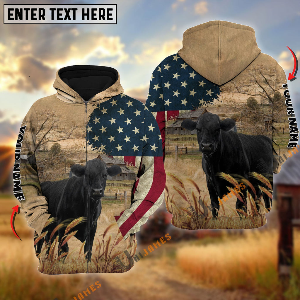 Black Angus US Flag Customized Name 3D Hoodie