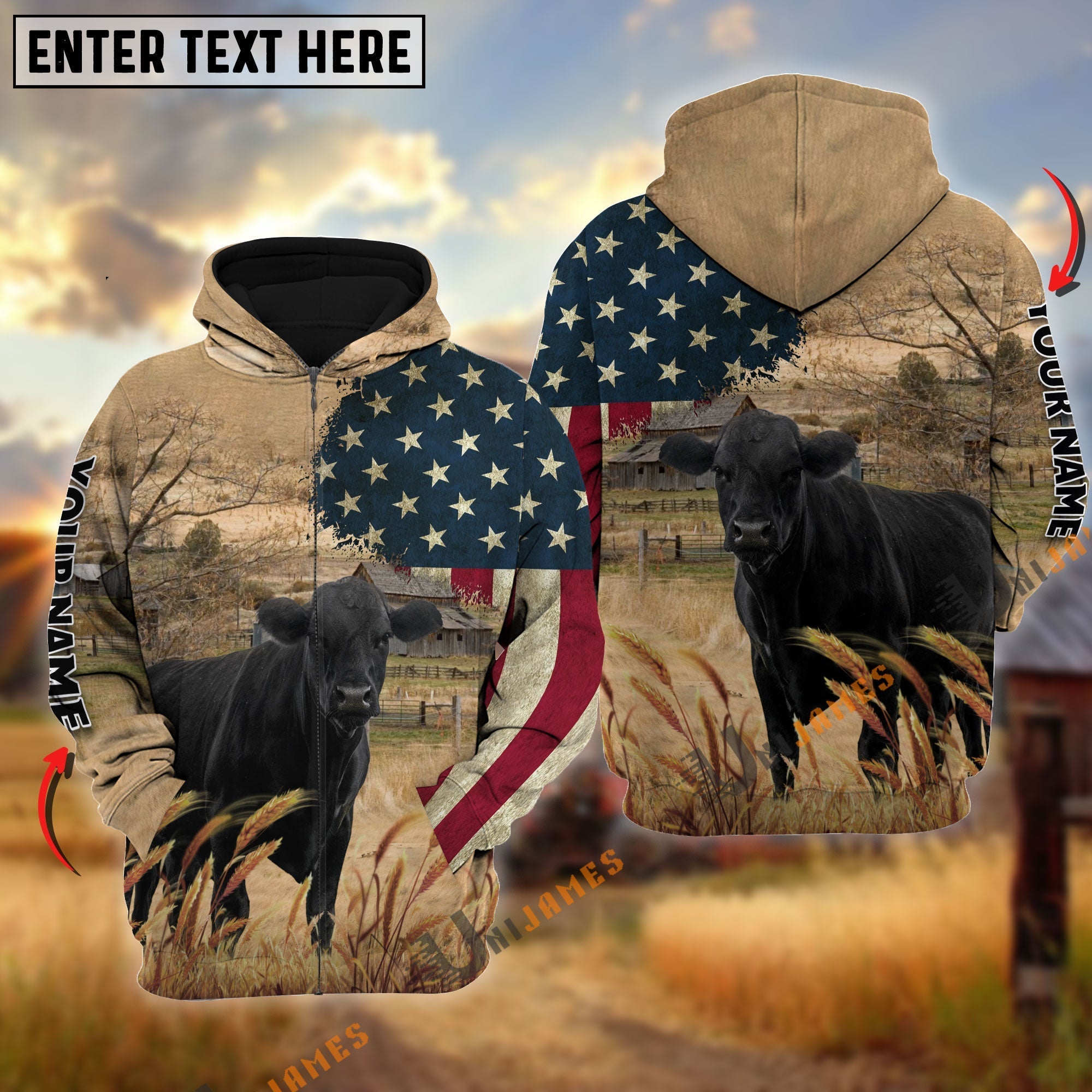 Black Angus US Flag Customized Name 3D Hoodie