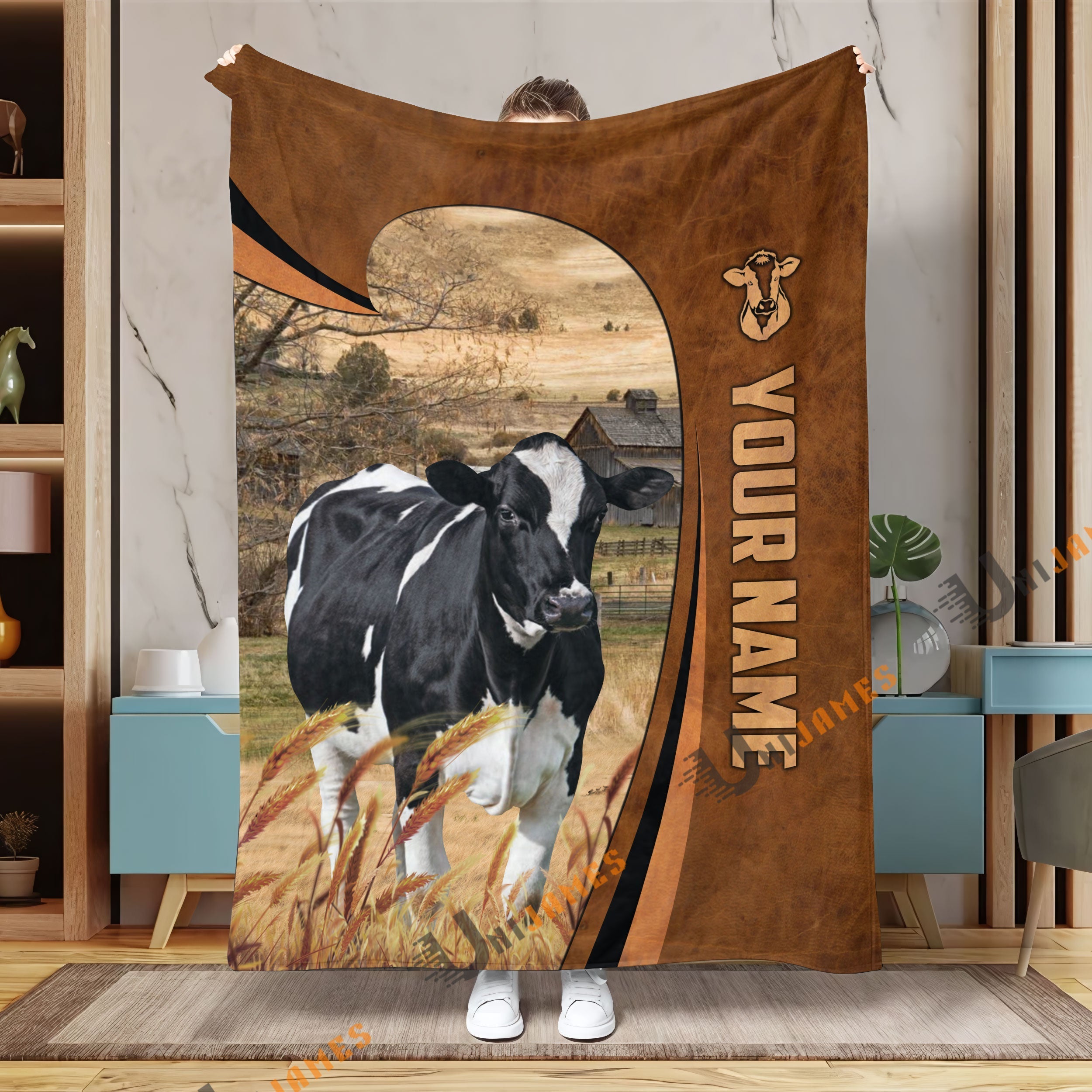 Personalized Name Holstein Premium Brown Pattern 3D Blanket