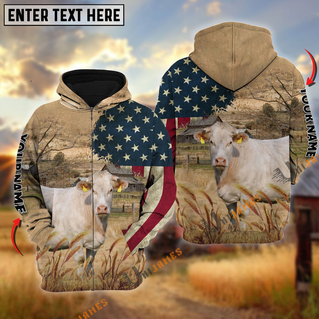Charolais US Flag Customized Name 3D Hoodie