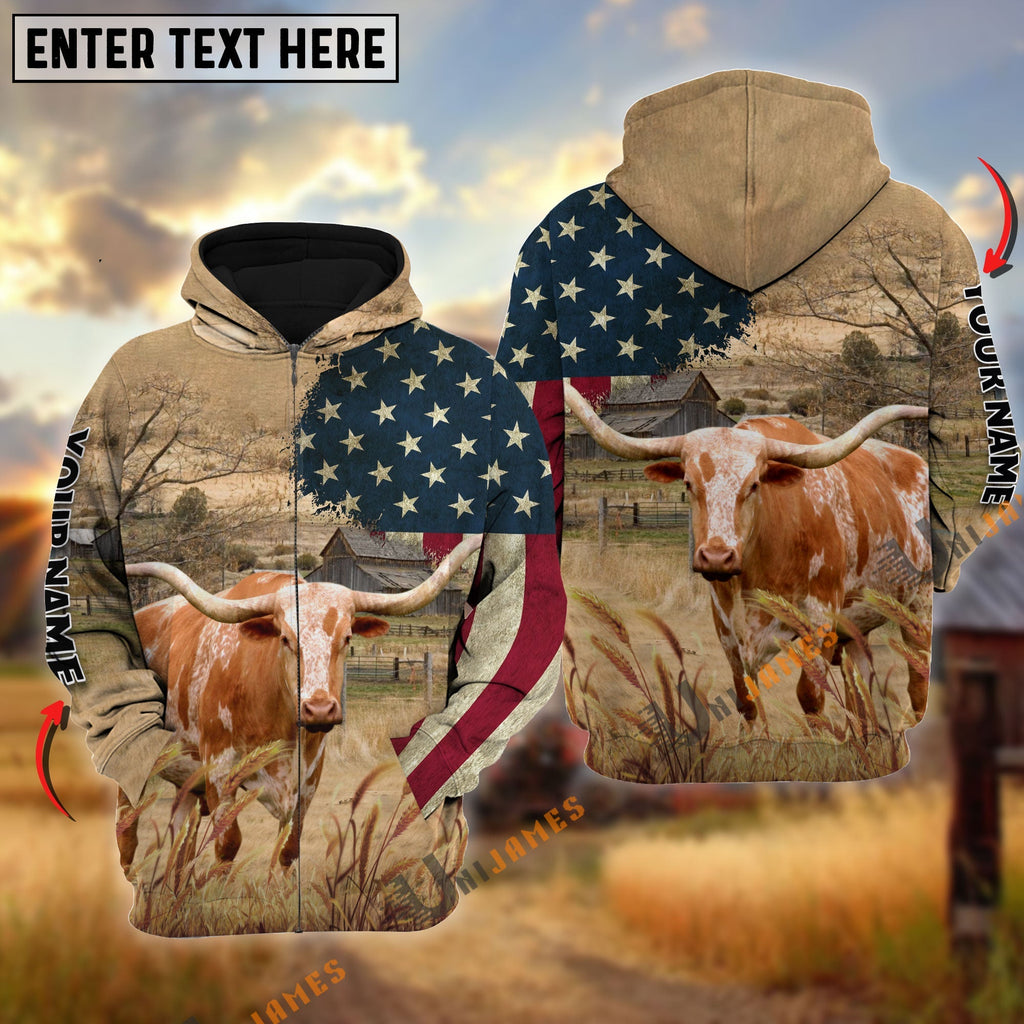 Texas Longhorn US Flag Customized Name 3D Hoodie