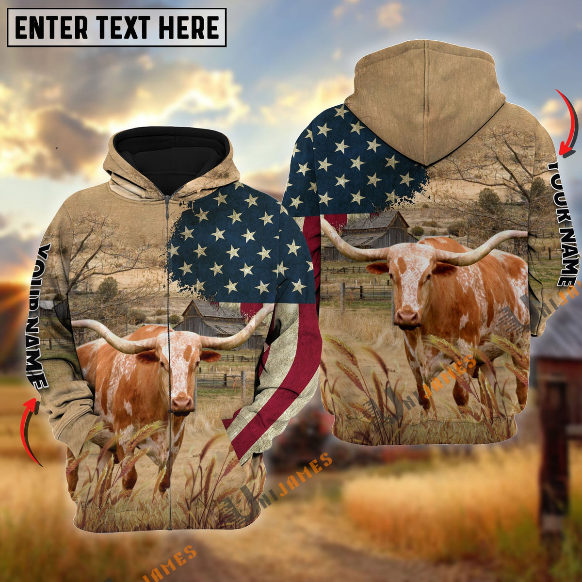 Texas Longhorn US Flag Customized Name 3D Hoodie