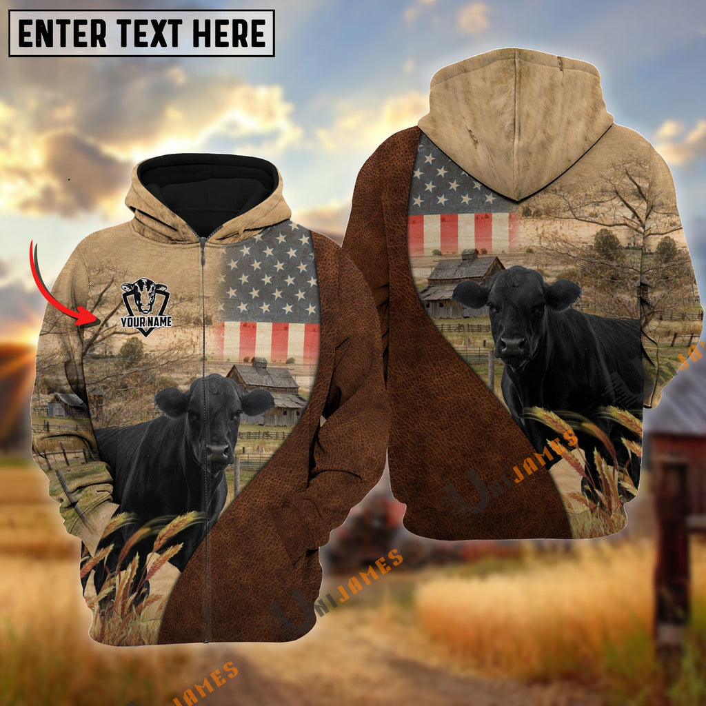 Personalized Name Black Angus Cattle USA Flag Hoodie